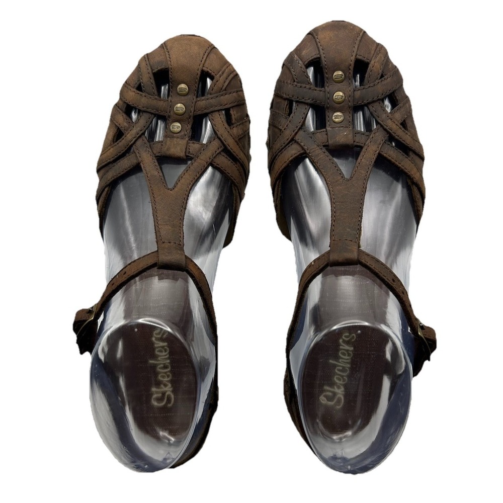 NWOT Skechers Woven Leather T-Strap Gladiator Sandals Brown Comfort Size 6